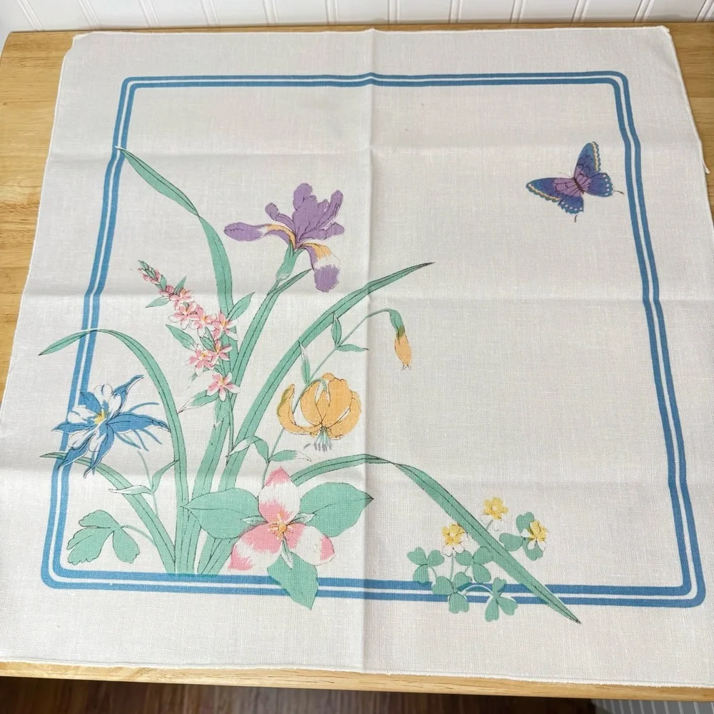 Floral Linen Napkins Set Of 4 Purple Iris Butterfly Grass Flowers Spring Botanic